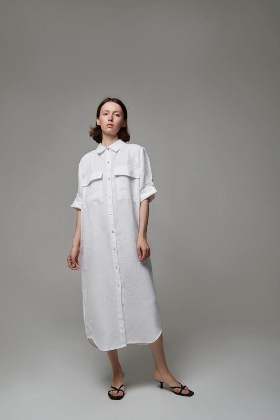 Linen Midi Shirt Dress Rope Belt White Shirt Flax Clothes Old Money Style Coastal Grandmother Linen Dress for Rest on Coast River Sea Ocean Etsy UK
