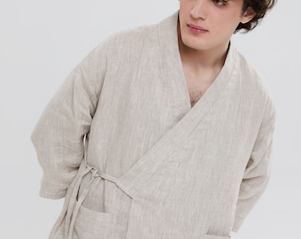 Flax  clothes eco - Japanese style outfit - Men's linen kimono set beige - Natural fabric lounge home wear- Spa pajama - Relaxed fit