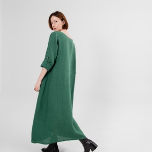 Linen dress midi Long sleeve dress Green linen dress, Plus size Custom made Oversized linen dress natural chic earthy tones resort outfit image 1