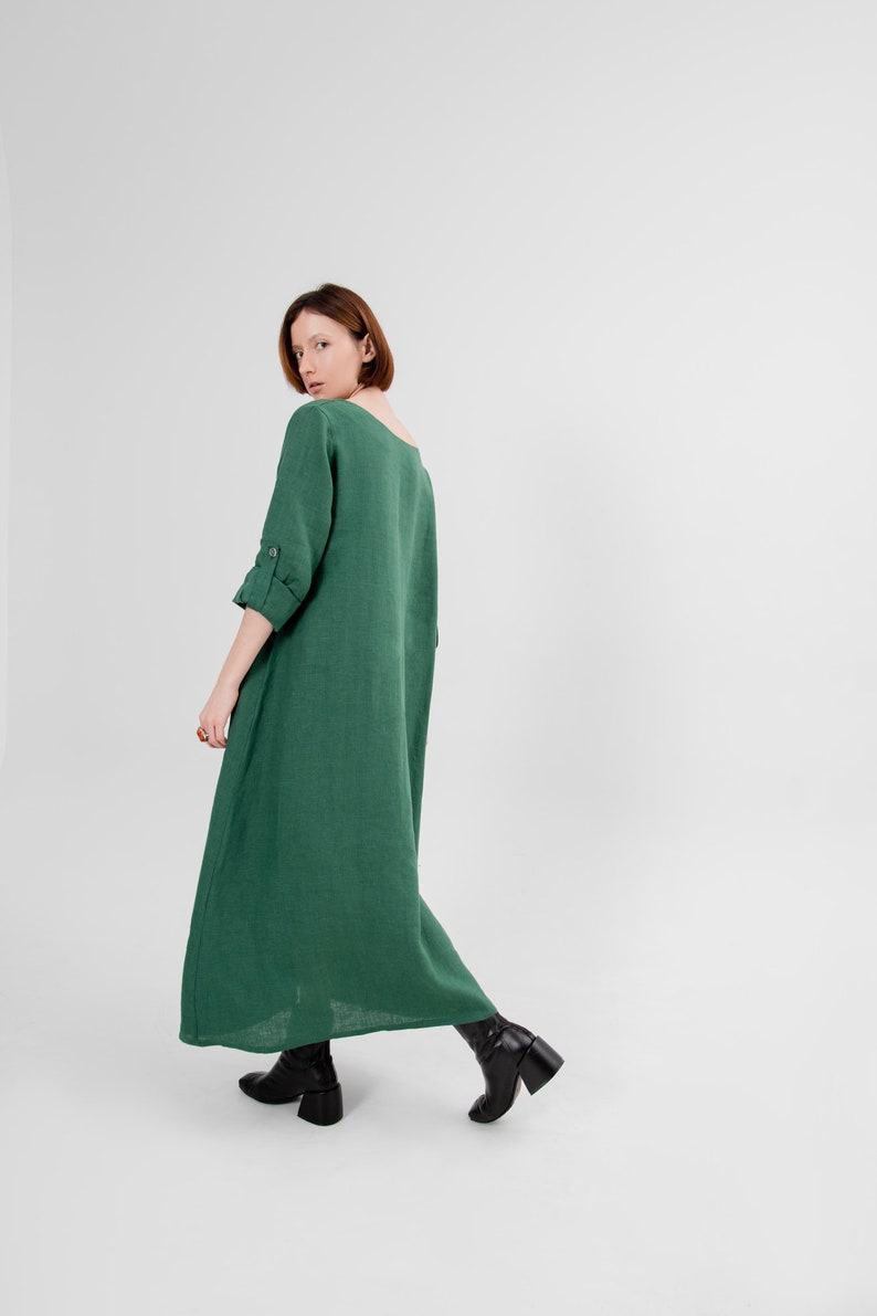 Linen dress midi Long sleeve dress Green linen dress, Plus size Custom made Oversized linen dress natural chic earthy tones resort outfit image 1