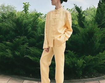 Linen Qipao Set, Mandarin Collar Shirt & Pants, Frog Buttons, Cheongsam Style, Butter Yellow, Custom Size XS-XXL