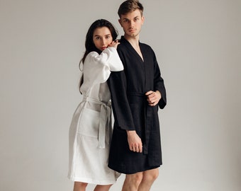 Unisex short linen bathrobe Home wear Flax robe Earthy tones Comfy wear Sustainable fashion Dressing gown Leisure clothes for couples gift