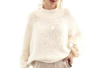 Cozy Hand-Knitted Angora Wool Sweater for Women - Light Beige with Unique Hand Embroidery - Elegant High-Neck Sweater - Angora Wool Jumper