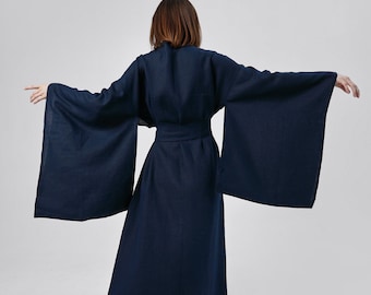 リネン着物 - ベルトと長袖が付いた和風ドレス - 女性用コート - オーガニックフラックスマキシドレス - 環境に優しいジャケット - リネンカーディガン