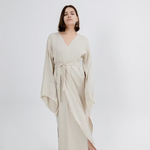 Linen kimono dress with belt Wrap Dress Linen Summer Dress Women organic maxi dress eco friendly clothes minimalistic linen white beige