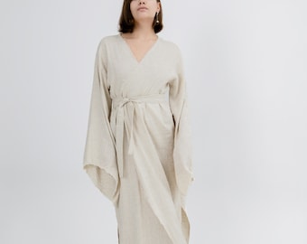 Linen kimono dress with belt Wrap Dress Linen Summer Dress Women organic maxi dress eco friendly clothes minimalistic linen white beige