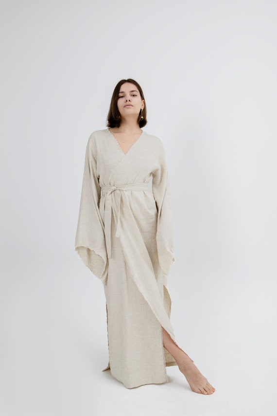 white linen kimono dress White Linen Dress, Bat Wing Dress, Linen Kimono Dress, Linen Tunic Dress, Linen Clothing Women, Plus Size Linen Dress, Summer Tunic Dress