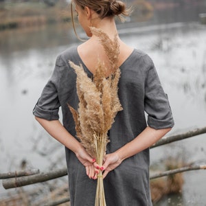Grey linen dress - Chocolate Long sleeves dress with belt - Street style linen dress - Plus size linen dress - Transformed dress - Eco Linen