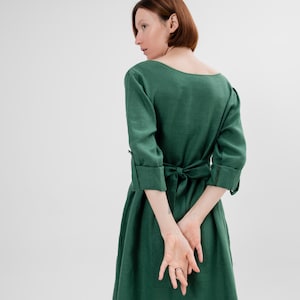 Summer linen dress midi Long sleeve dress Green linen dress Plus size Custom made Oversized linen dress natural chic resort outfit