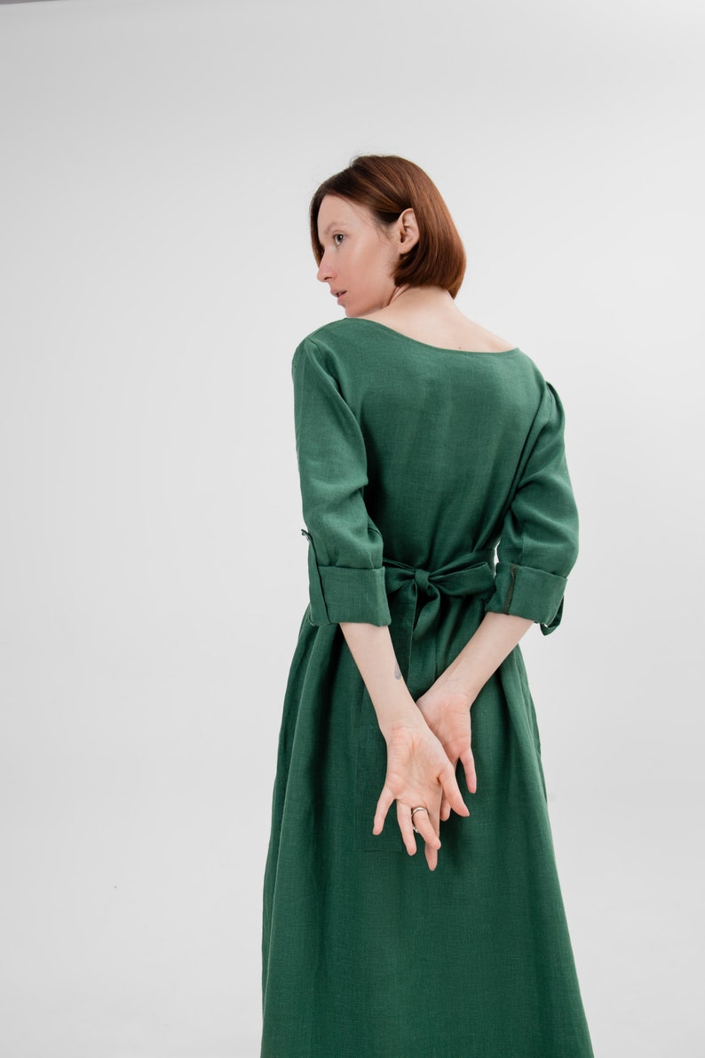 Linen dress midi Long sleeve dress Green linen dress, Plus size Custom made Oversized linen dress natural chic earthy tones resort outfit image 4