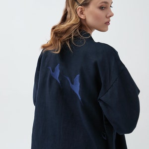 Blue Short Kimono with Embroidery Storks Elegant Linen Cardigan for Women Flax Shirt Customizable and Plus Size Options image 3