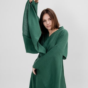 Japanese kimono dress Long green linen jacket Women coat organic loungewear maxi boho cardigan eco friendly clothes minimalistic linen robe image 5