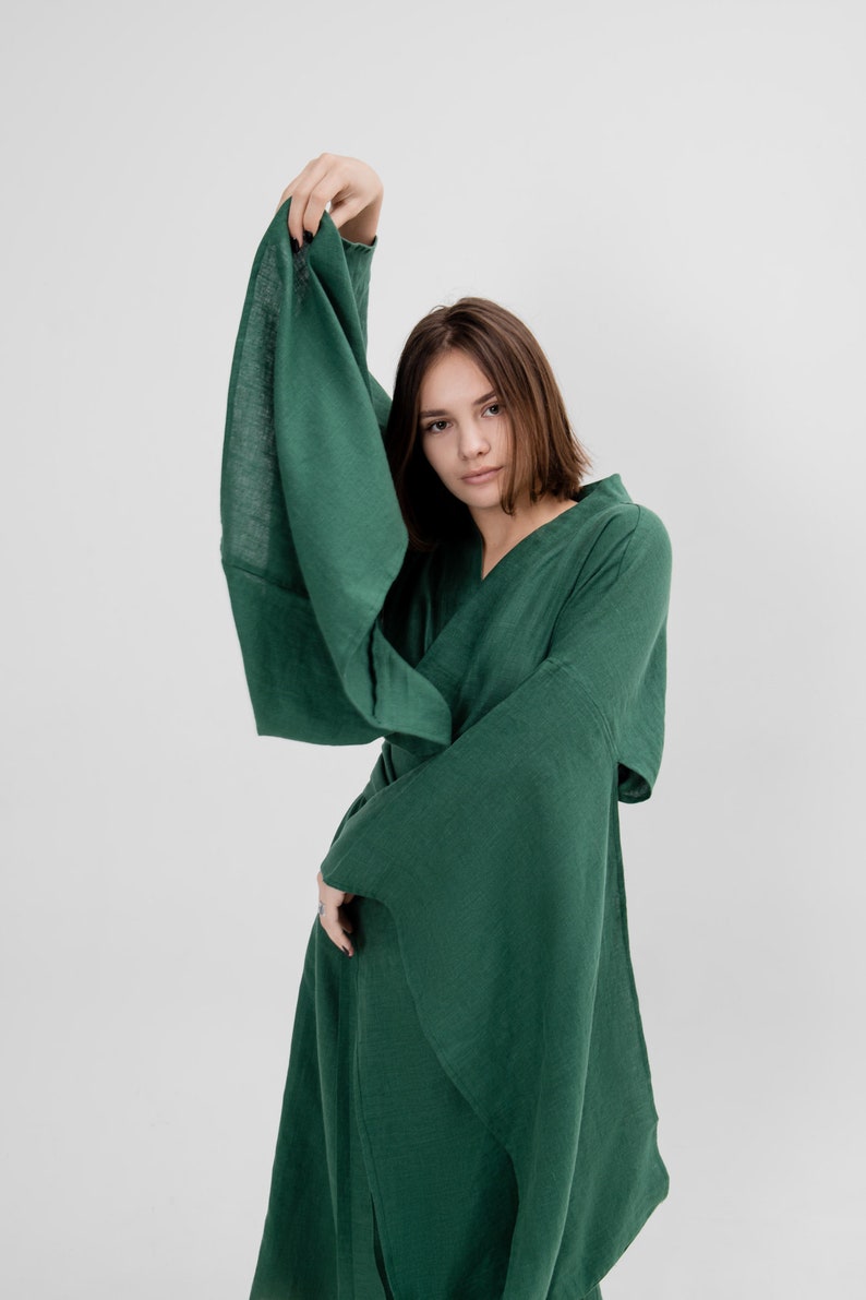 Japanese kimono dress Long green linen jacket Women coat organic loungewear maxi boho cardigan eco friendly clothes minimalistic linen robe image 5