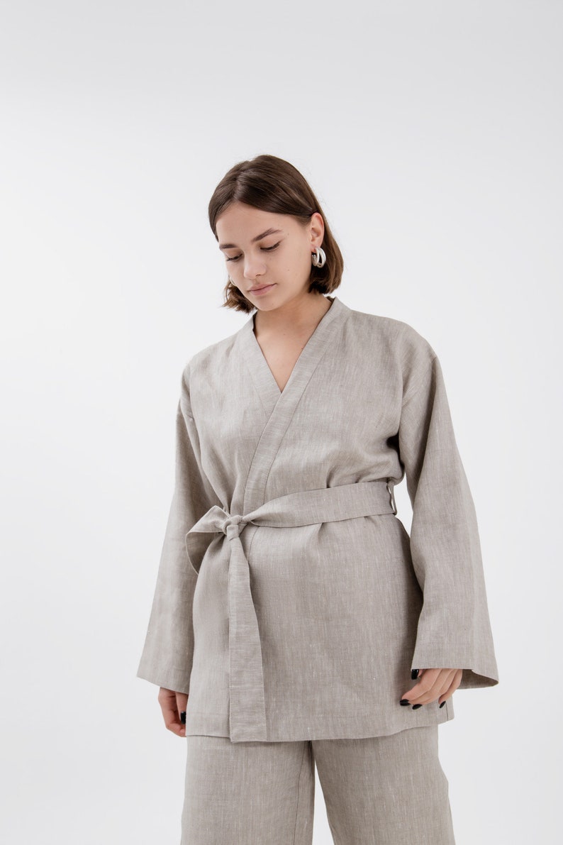 Comfortable Linen Women's Kimono Natural Flax Jacket with Belt Beige Cardigan Custom Plus Size Available image 2