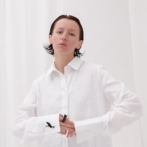 Linen white shirt Women linen blouse Embroidered bird long sleeve office shirt  Flax clothes Coastal grandmother style Minimalist milk shirt