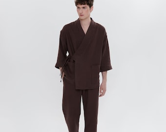 Men's linen kimono set - Japanese style outfit  - Natural fabric lounge home wear - Flax  clothes brown color set - Spa pajama - Relaxed fit