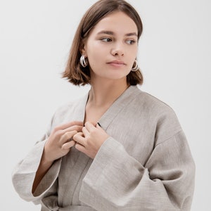 Comfortable Linen Women's Kimono Natural Flax Jacket with Belt Beige Cardigan Custom Plus Size Available image 7