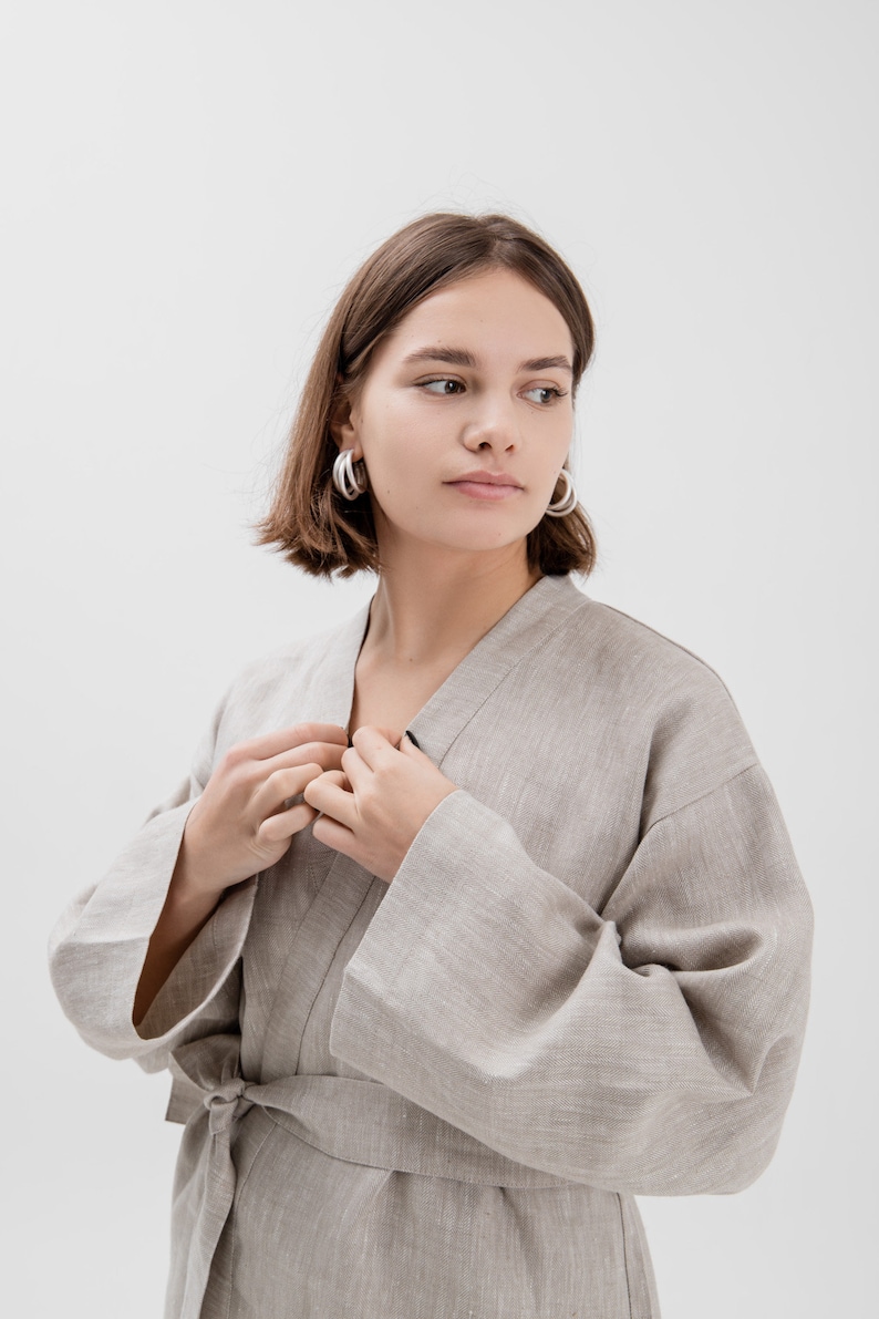 Comfortable Linen Women's Kimono Natural Flax Jacket with Belt Beige Cardigan Custom Plus Size Available image 7