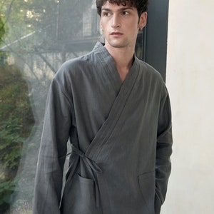 Japanese style men's linen kimono set Natural fabric lounge home wear flax comfy clothes grey graphite Spa pajama Relaxed fit pants shirt image 5