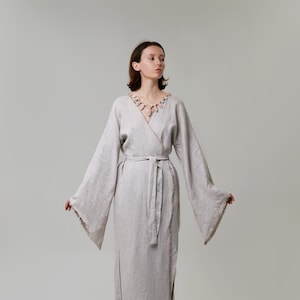 Linen kimono dress with belt - Wrap Dress Linen - Women organic maxi dress - Eco friendly clothes ethnic- Minimalistic dress linen grey