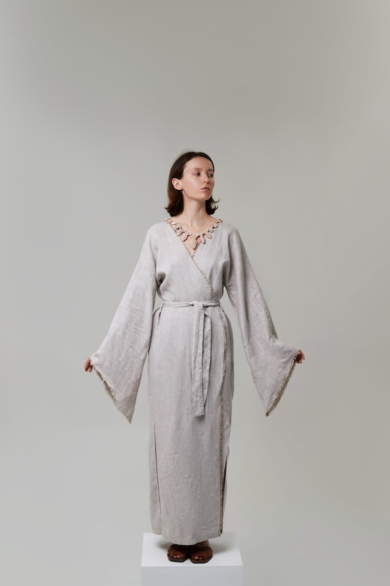grey kimono dress Linen Kimono Robe Dress – Grey Minimalist Wrap Maxi - Eco Friendly Clothes  for Retreat