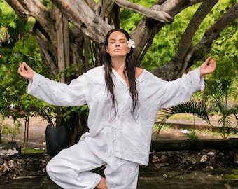 Conscious clothing for spiritual getaways - Linen Pants and Shirt Set - Clothing for retreats - White linen set for women