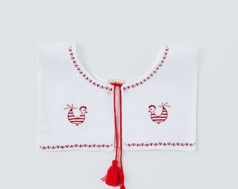 Embroidered Removable Collar "Obukhiv Rooster"- Collar With Embroidered Red Rooster Cross Stitch - Cottage Core Style