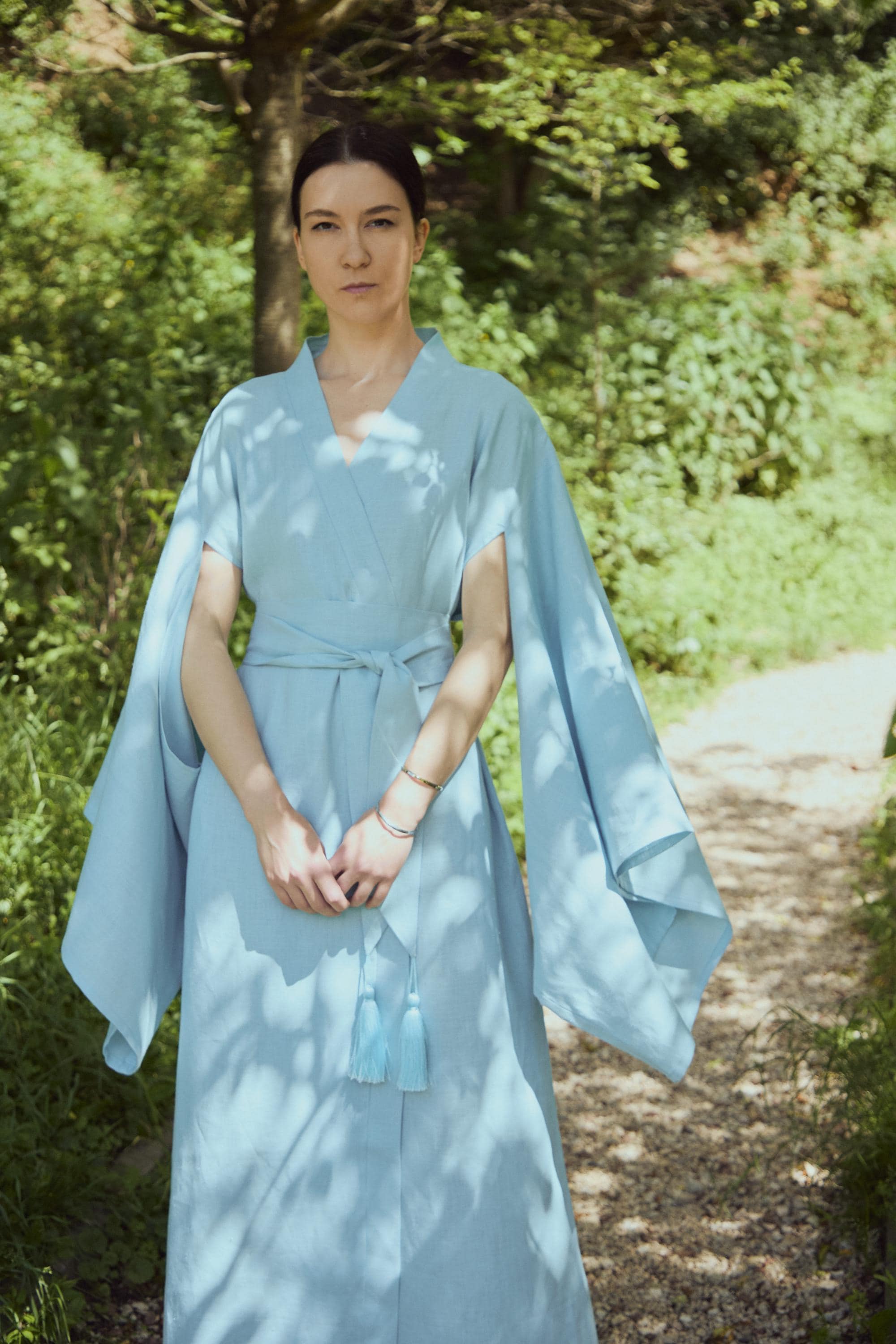 blue elopement dress Linen Wedding Bride Kimono Maxi Wrap Dress Garden Wedding Boho Bridal Gown Something Blue Dress XS-XL,XXL size Alison | Black Square-Neck Eliza the lace creates a Color:Nightfall Combo Palm