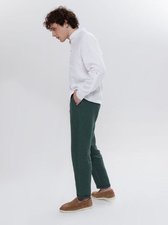 Natural Linen Pants Men Casual Style Green Grey Flax Trousers With