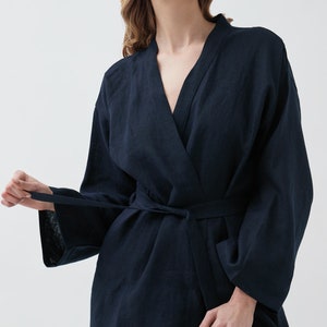 Blue Short Kimono with Embroidery Storks Elegant Linen Cardigan for Women Flax Shirt Customizable and Plus Size Options image 5