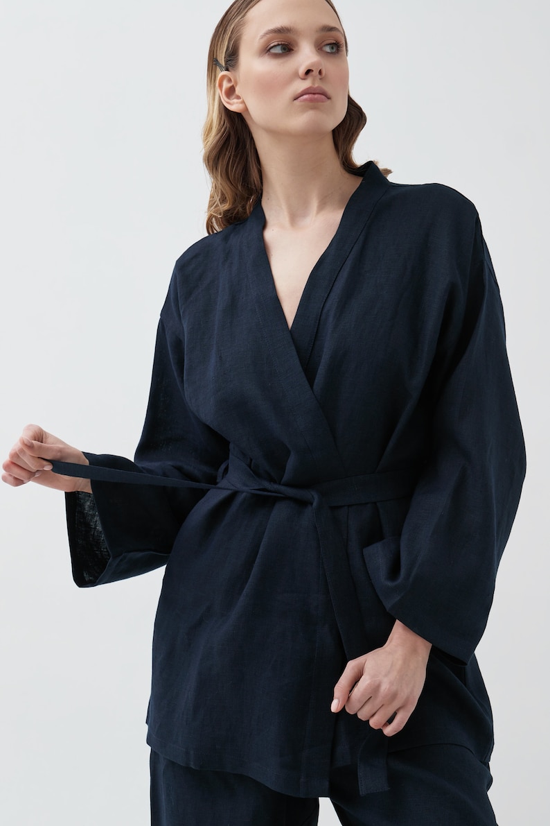 Blue Short Kimono with Embroidery Storks Elegant Linen Cardigan for Women Flax Shirt Customizable and Plus Size Options image 5