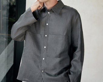 Grey Men Linen Shirt - Elegant Flax Shirt with buttons - Lounge Wear - Customizable Plus Size