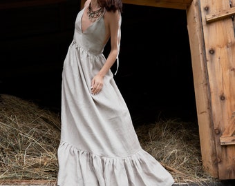 Maxi robe d’été en coton lin Beige longue robe écologique Boho robe d’été Resort chic tenue Vêtements en lin élégants Robe de mariée Côte Style romantique