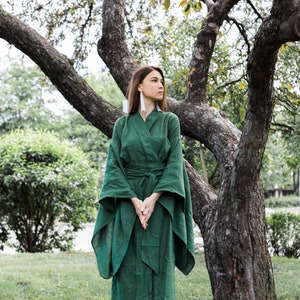 Japanese kimono dress Long green linen jacket Women coat organic loungewear maxi boho cardigan eco friendly clothes minimalistic linen robe image 2