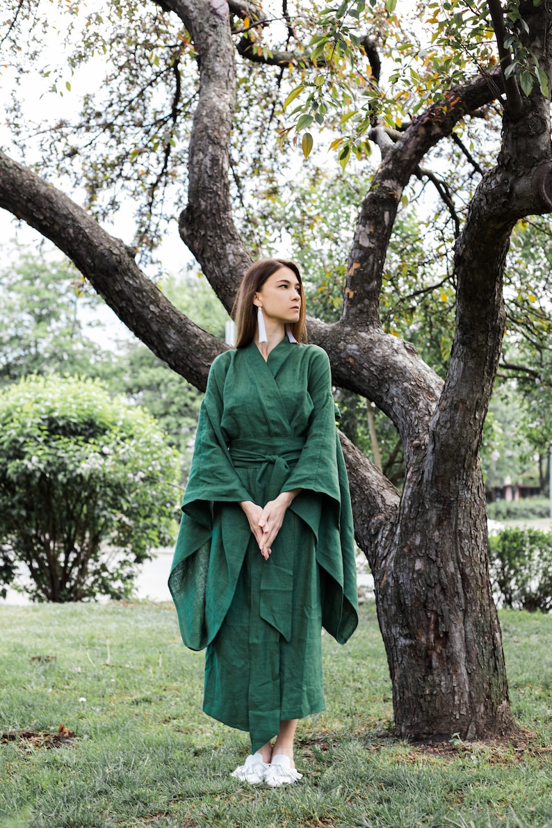 Japanese kimono dress Long green linen jacket Women coat organic loungewear maxi boho cardigan eco friendly clothes minimalistic linen robe image 2