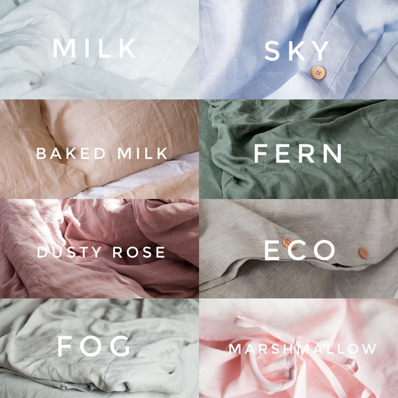 May include: A collage of six different linen fabric swatches in various colors, including sky blue, light green, dusty rose, beige, light gray, and light pink. Each swatch has a word printed on it, such as "Milk", "Sky", "Fern", "Baked Milk", "Dusty Rose", "Eco", "Fog", and "Marshmallow".