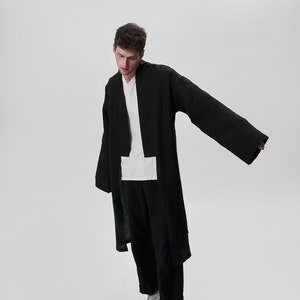 Presente especial para homem - Linho haori - Cardigã japonês - Casaco de linho - Tecido natural preto - Tons terrosos - Jaqueta confortável