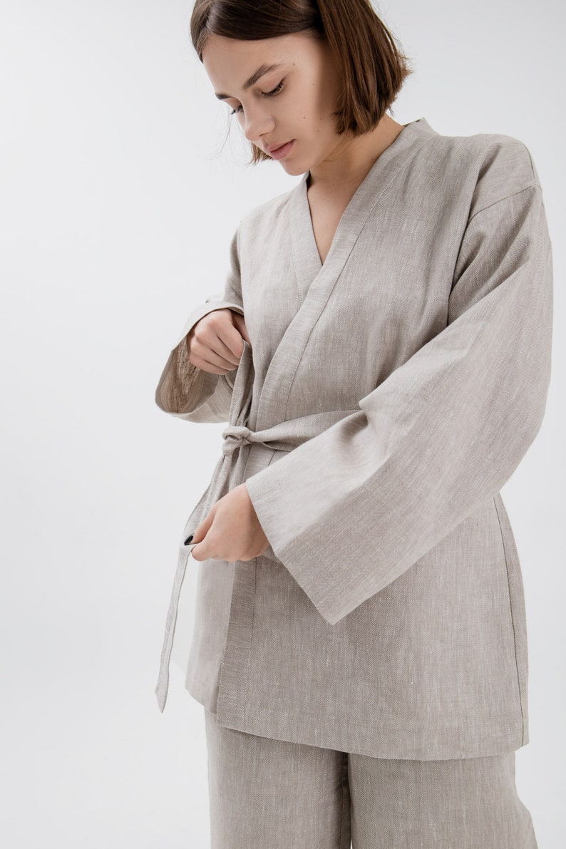 Comfortable Linen Women's Kimono Natural Flax Jacket with Belt Beige Cardigan Custom Plus Size Available image 3