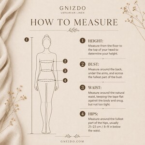 May include: A beige instructional chart titled HOW TO MEASURE by GNIZDO UKRAINIAN LINEN. It features a line drawing of a human figure with numbered points 1 through 4, corresponding to text instructions for measuring height, bust, waist, and hips.