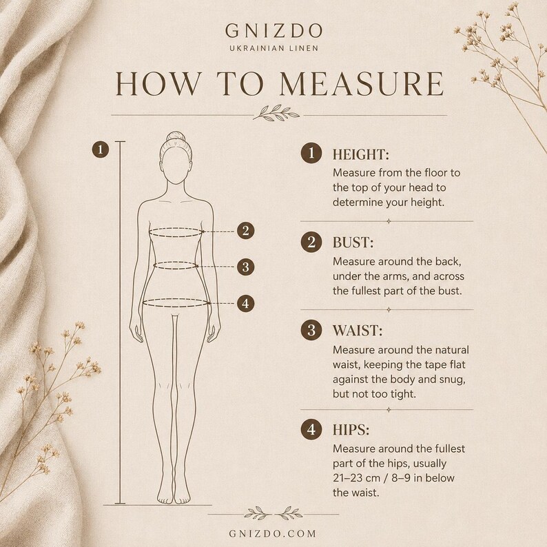 May include: A beige instructional chart titled HOW TO MEASURE by GNIZDO UKRAINIAN LINEN. It features a line drawing of a human figure with numbered points 1 through 4, corresponding to text instructions for measuring height, bust, waist, and hips.