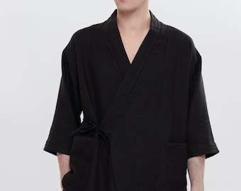 Black short kimono  - Flax clothes - Japanese style outfit - Men's linen robe - Natural fabric lounge home wear - Relaxed fit coat