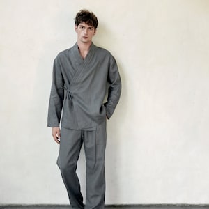 Japanese style men's linen kimono set Natural fabric lounge home wear flax comfy clothes grey graphite Spa pajama Relaxed fit pants shirt image 4