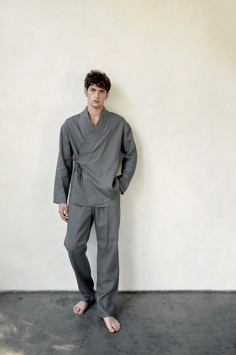 Japanese style men's linen kimono set Natural fabric lounge home wear flax comfy clothes grey graphite Spa pajama Relaxed fit pants shirt image 4