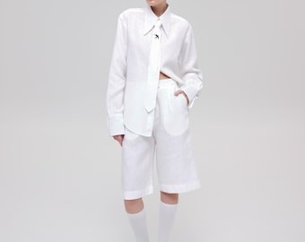 Women’s White Linen Bermuda Shorts – Wide-Leg Relaxed Fit Summer Shorts – Mid-Rise Knee-Length – Side Pockets – 100% Linen