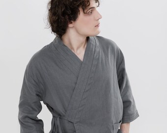 Short linen kimono men, unisex - Natural fabric lounge home wear - Flax  clothes grey graphite - Relaxed fit short robe