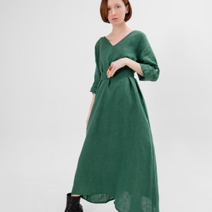 Linen dress midi Long sleeve dress Green linen dress, Plus size Custom made Oversized linen dress natural chic earthy tones resort outfit image 6