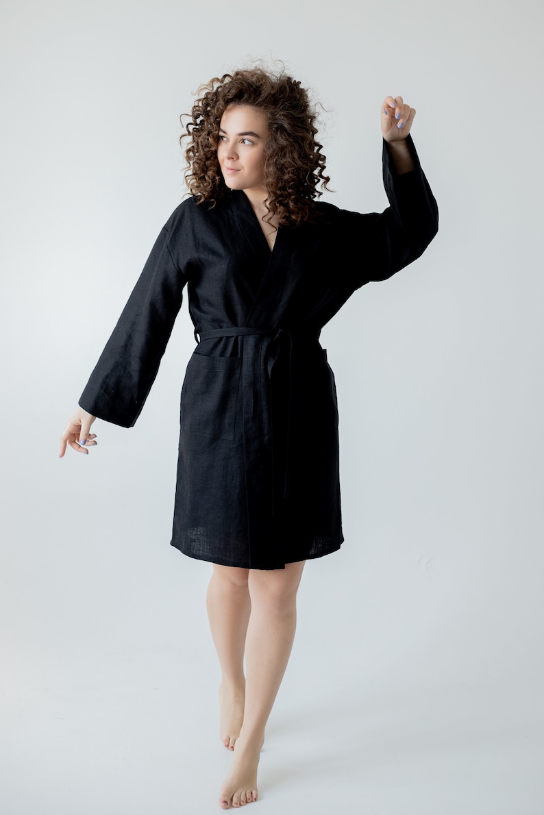 Linen Dress Robe Black Flax Bathrobe Lounge Dressing Gown Spa Relax ...