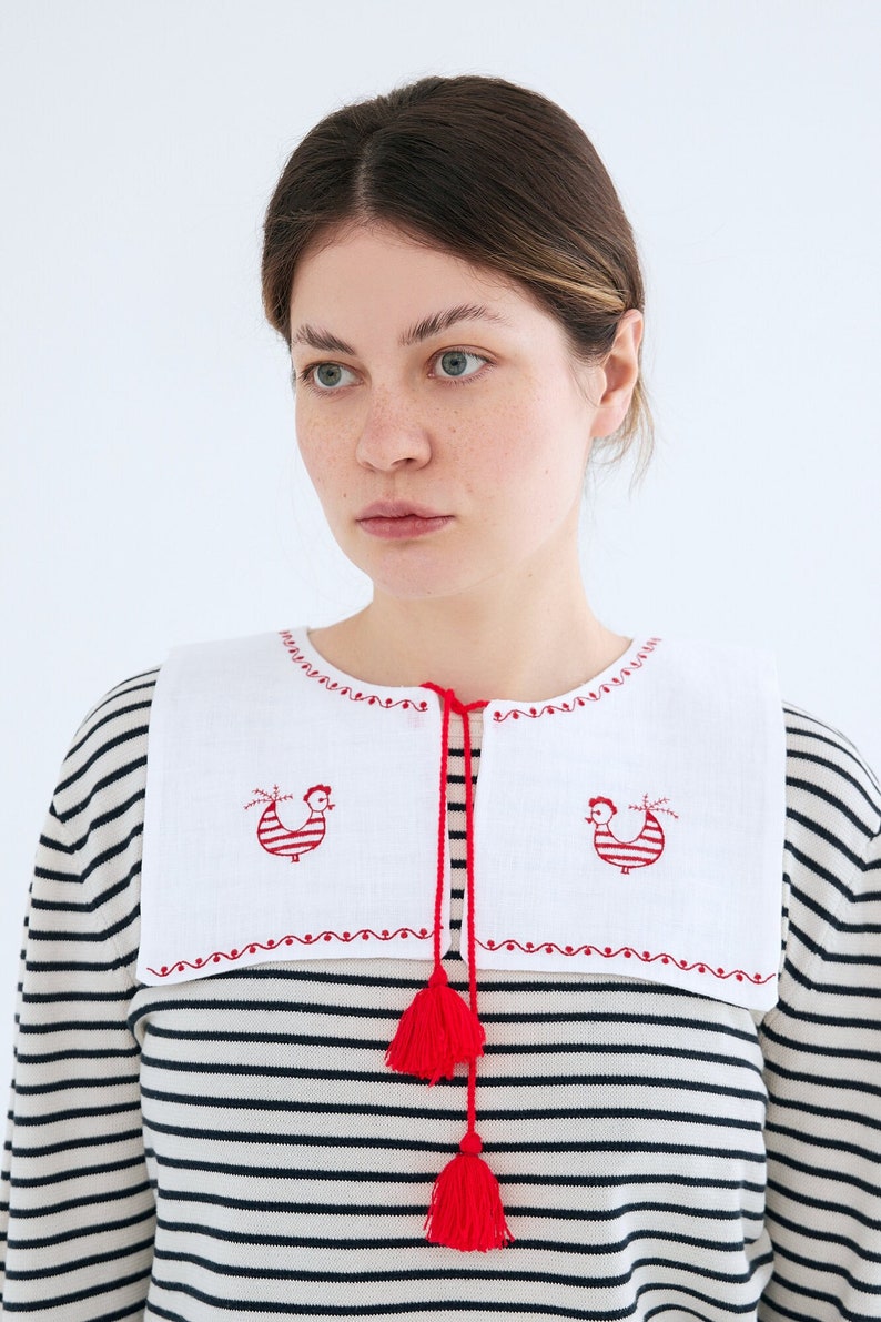 Embroidered Removable Collar Obukhiv Rooster Collar With Embroidered Red Rooster Cross Stitch Cottage Core Style image 4