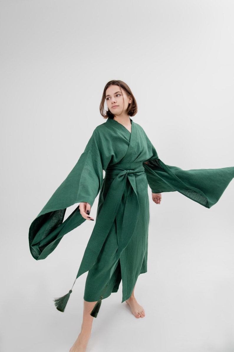 Japanese kimono dress Long green linen jacket Women coat organic loungewear maxi boho cardigan eco friendly clothes minimalistic linen robe Grass