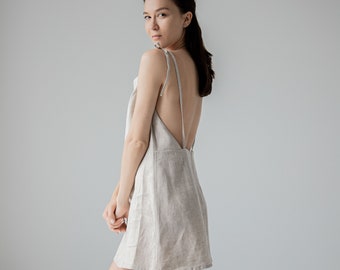 Summer Outfit - Flirty Open Back Tank Dress: Ideal for a Day at the Beach, Unbleached Linen Sundress - Effortlessly Stylish for Any Occasion